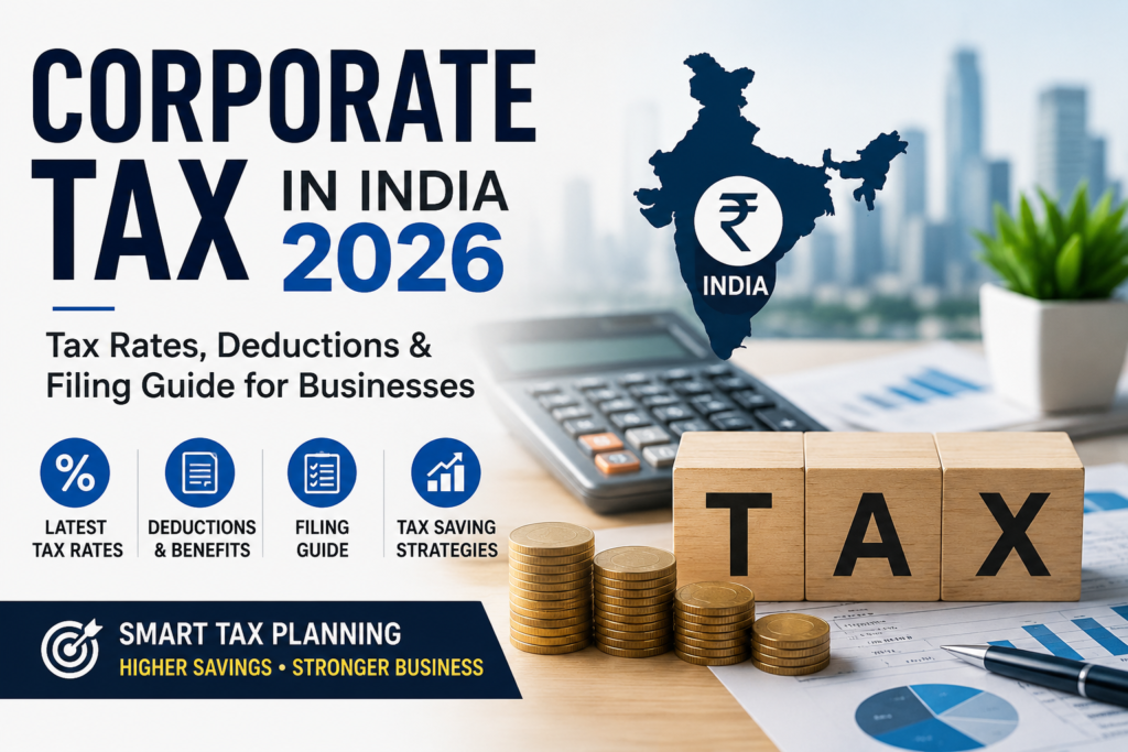 Corporate Tax in India 2026 guide showing tax rates, deductions, filing process, tax planning strategies, calculator, financial charts, and business tax compliance.