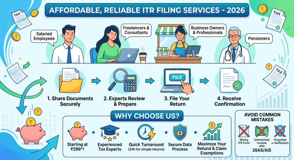 Get affordable ITR filing 2026 starting at just ₹299. Expert-assisted tax filing for salaried individuals, freelancers, and businesses. File securely today!