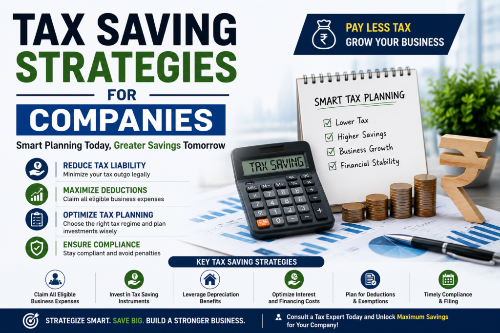 Tax Saving Strategies for Companies infographic showing corporate tax planning, business deductions, tax compliance, and financial growth. Corporate Tax in India