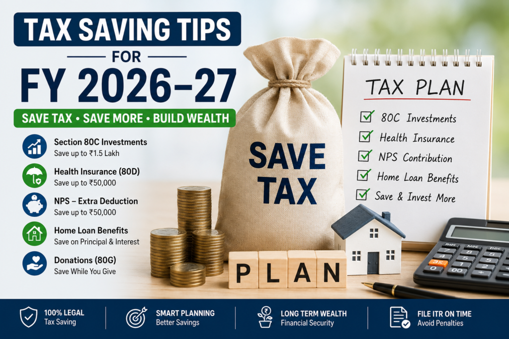 A comprehensive guide covering the best tax saving tips for FY 2026–27, including Section 80C investments, NPS, ELSS, PPF, health insurance deductions, home loan tax benefits, and strategies to reduce income tax legally in India. Tax Saving Tips